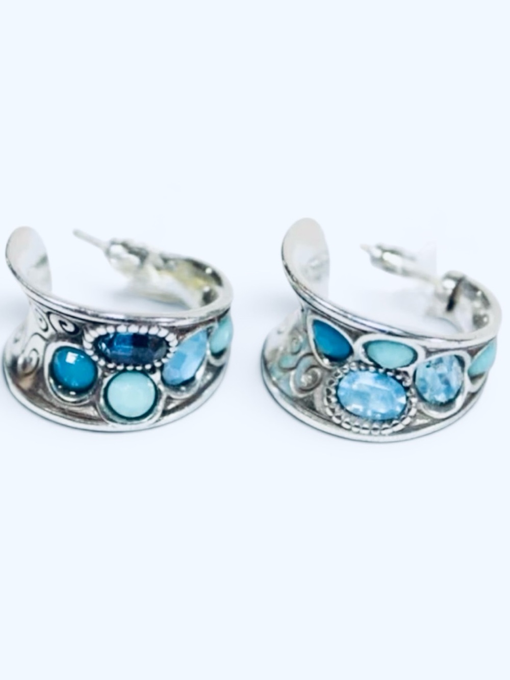 Retired Brighton Sterling Silver Earrings Swirl Blue Stones Rhinestone Hoops EUC